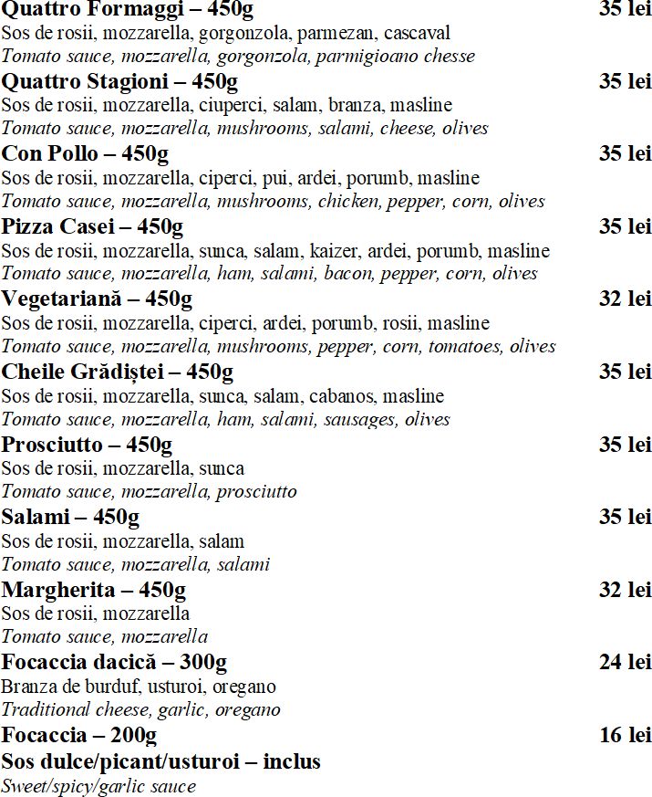 Restaurant Cheile Gradistei Fundata - Meniu Pizza