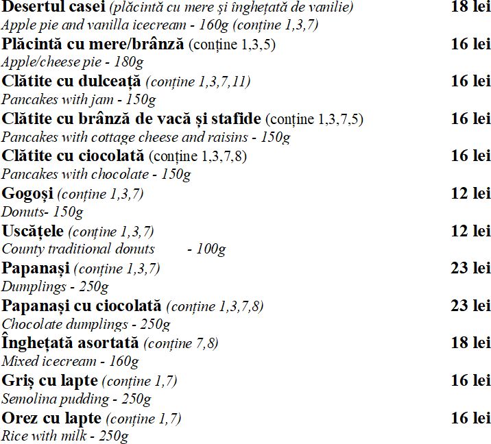 Restaurant Cheile Gradistei Fundata - Meniu Desert