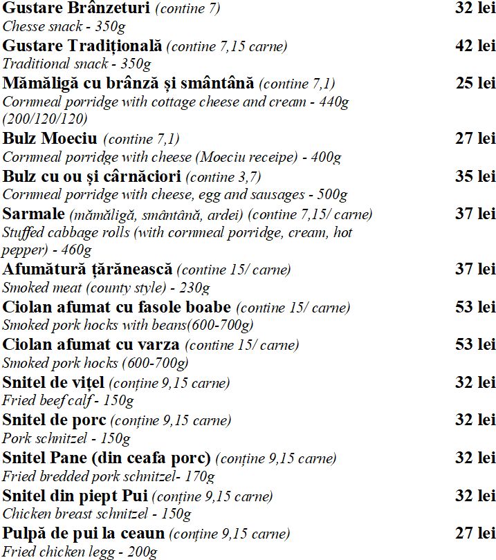 Restaurant Cheile Gradistei Fundata - Meniu Preparate de Baza