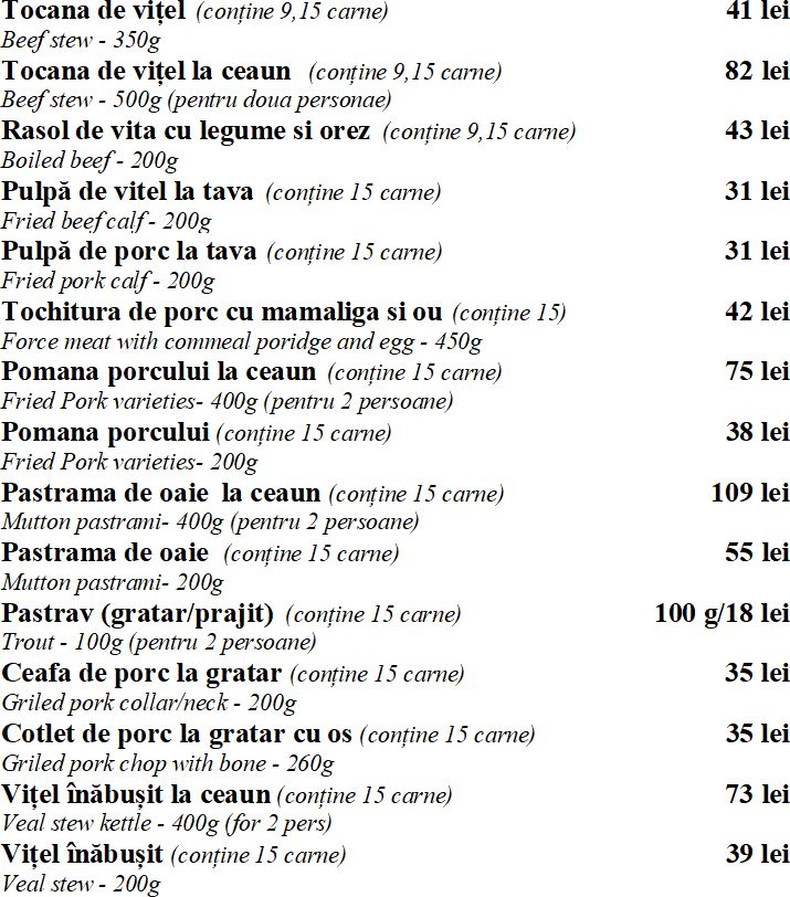 Restaurant Cheile Gradistei Fundata - Meniu Preparate de Baza