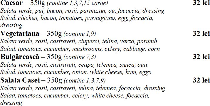 Restaurant Cheile Gradistei Fundata - Meniu Salate Fel principal