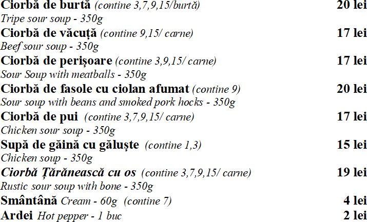 Restaurant Cheile Gradistei Fundata - Meniu Supe